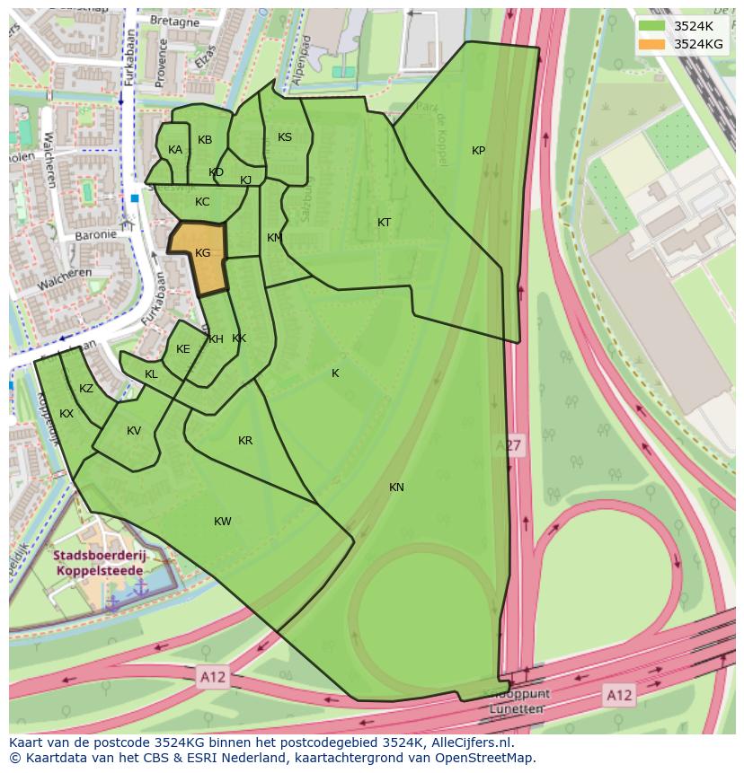 Afbeelding van het postcodegebied 3524 KG op de kaart.