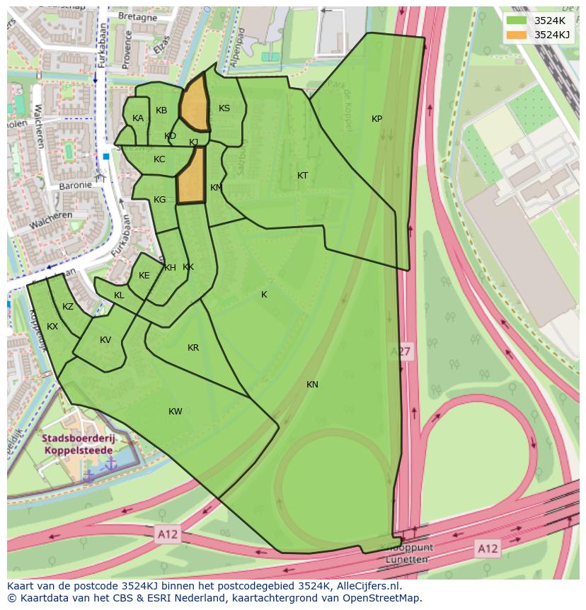 Afbeelding van het postcodegebied 3524 KJ op de kaart.