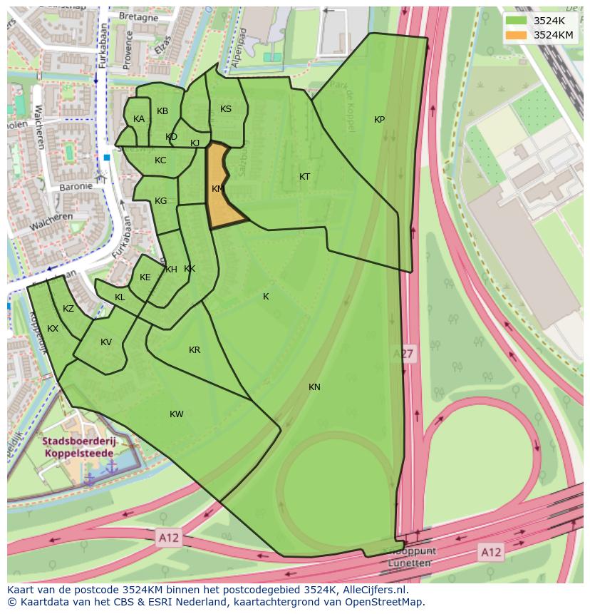 Afbeelding van het postcodegebied 3524 KM op de kaart.