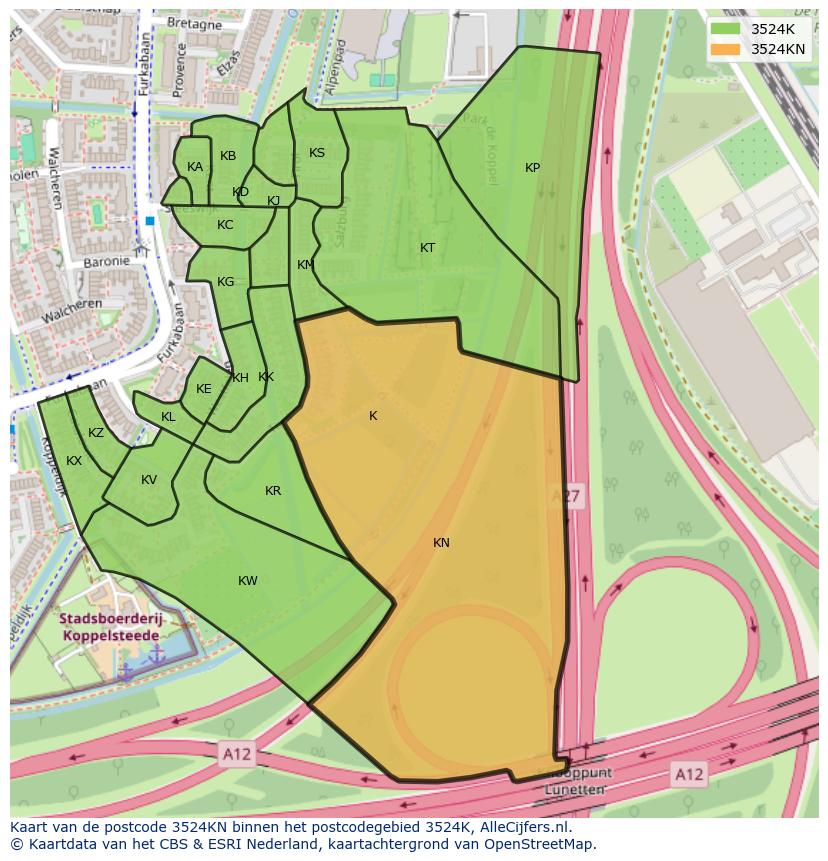 Afbeelding van het postcodegebied 3524 KN op de kaart.