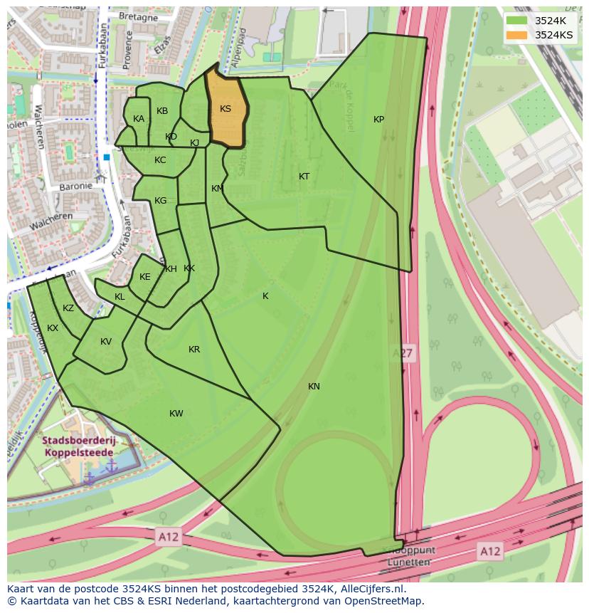 Afbeelding van het postcodegebied 3524 KS op de kaart.