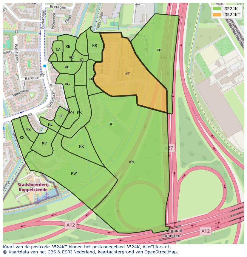 Afbeelding van het postcodegebied 3524 KT op de kaart.