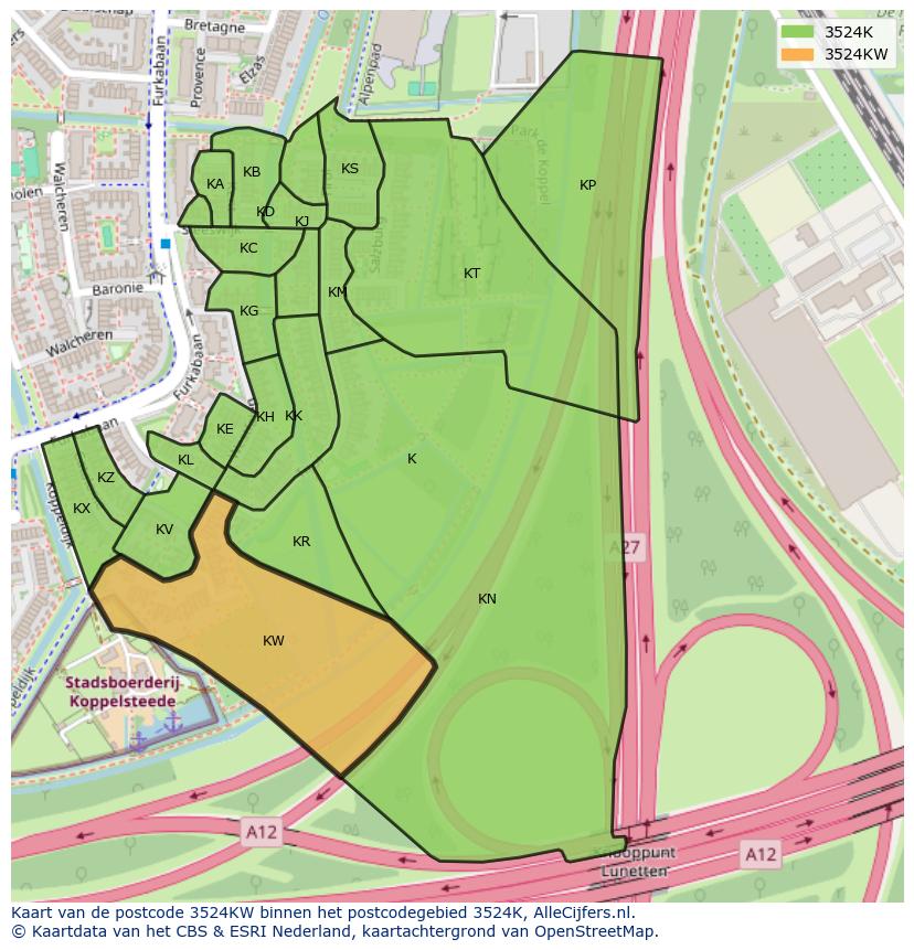 Afbeelding van het postcodegebied 3524 KW op de kaart.