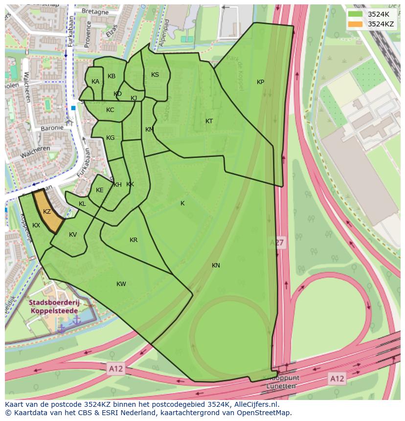 Afbeelding van het postcodegebied 3524 KZ op de kaart.