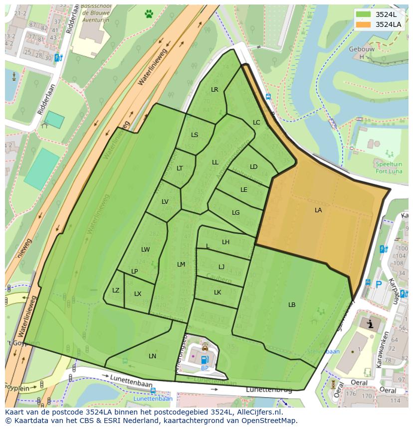 Afbeelding van het postcodegebied 3524 LA op de kaart.