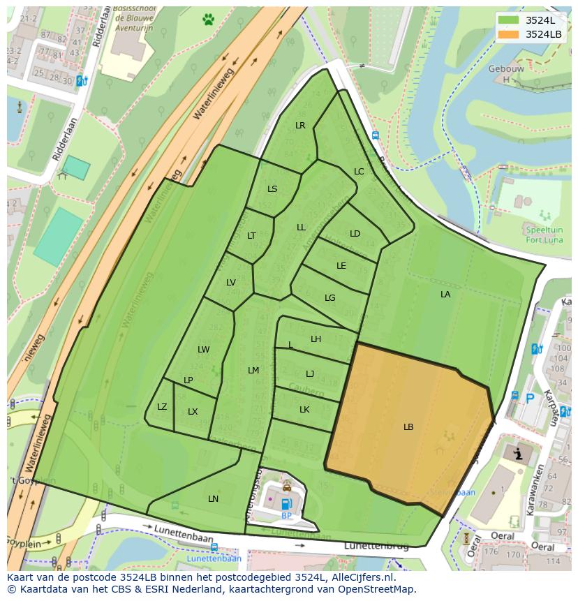 Afbeelding van het postcodegebied 3524 LB op de kaart.