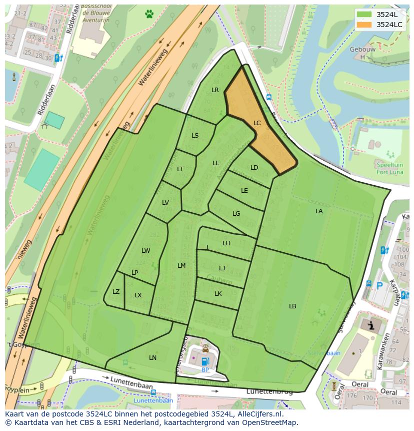 Afbeelding van het postcodegebied 3524 LC op de kaart.