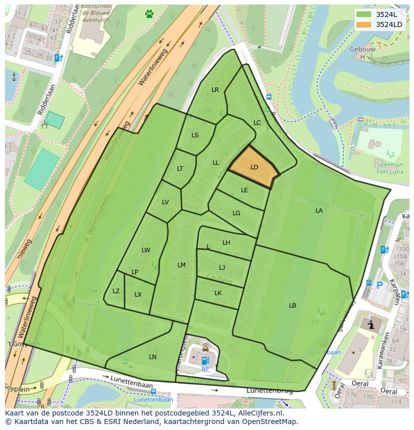 Afbeelding van het postcodegebied 3524 LD op de kaart.