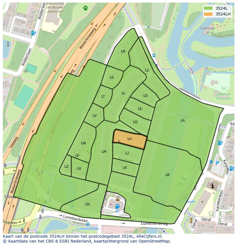 Afbeelding van het postcodegebied 3524 LH op de kaart.