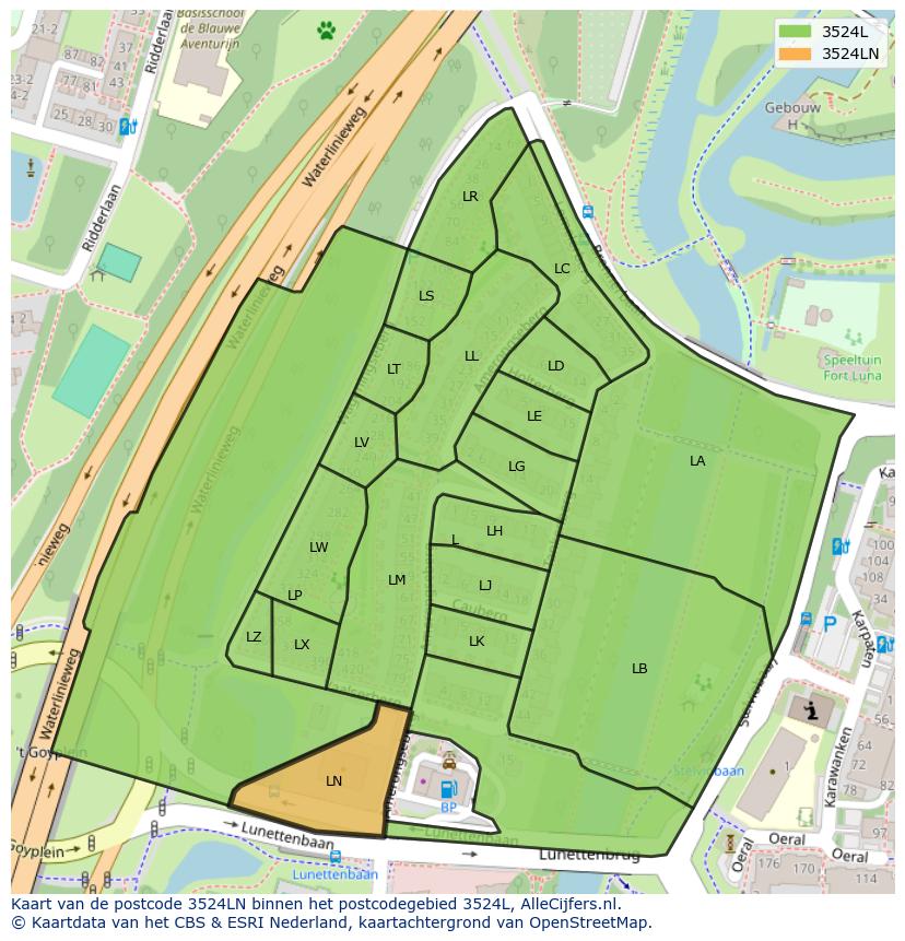 Afbeelding van het postcodegebied 3524 LN op de kaart.