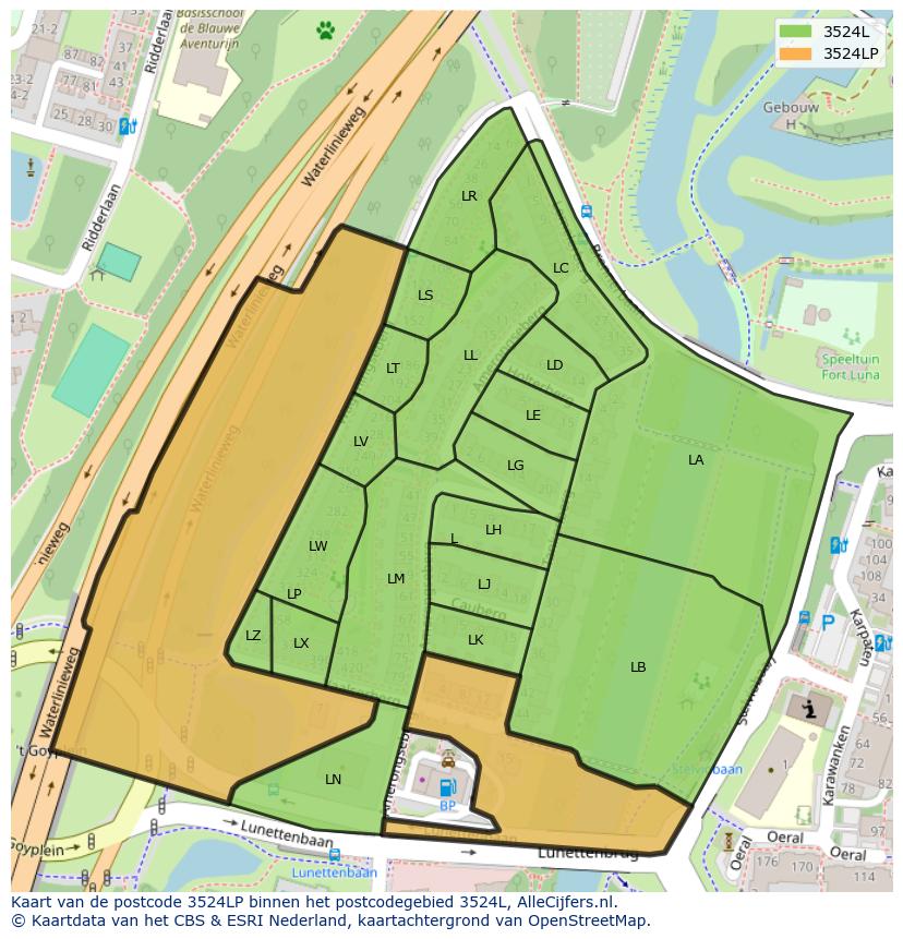 Afbeelding van het postcodegebied 3524 LP op de kaart.