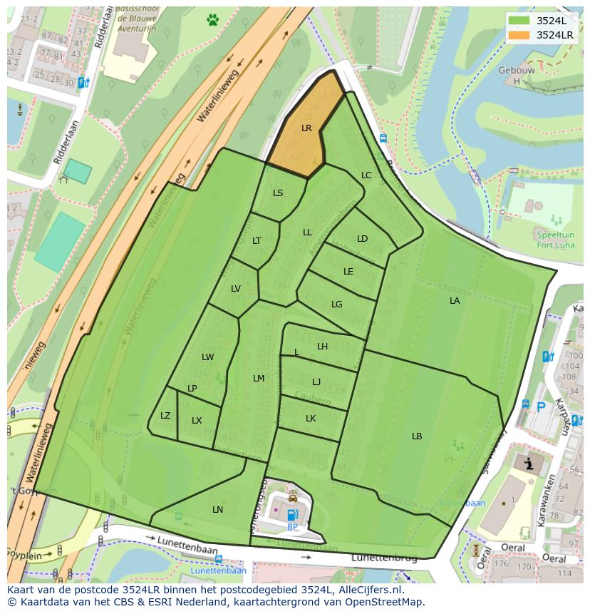 Afbeelding van het postcodegebied 3524 LR op de kaart.