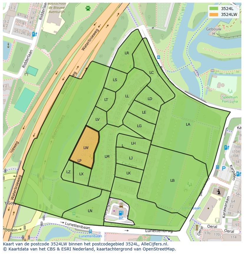 Afbeelding van het postcodegebied 3524 LW op de kaart.