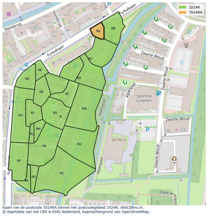 Afbeelding van het postcodegebied 3524 RA op de kaart.