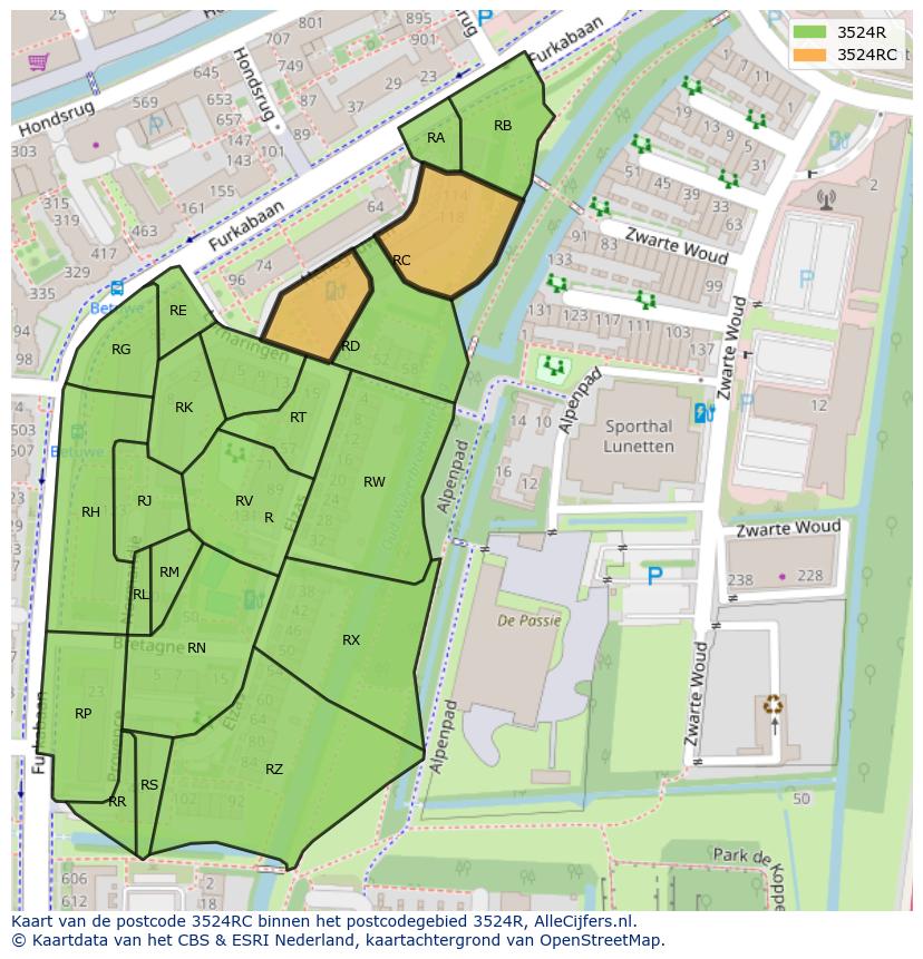 Afbeelding van het postcodegebied 3524 RC op de kaart.