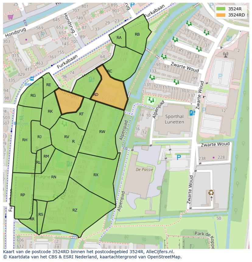Afbeelding van het postcodegebied 3524 RD op de kaart.