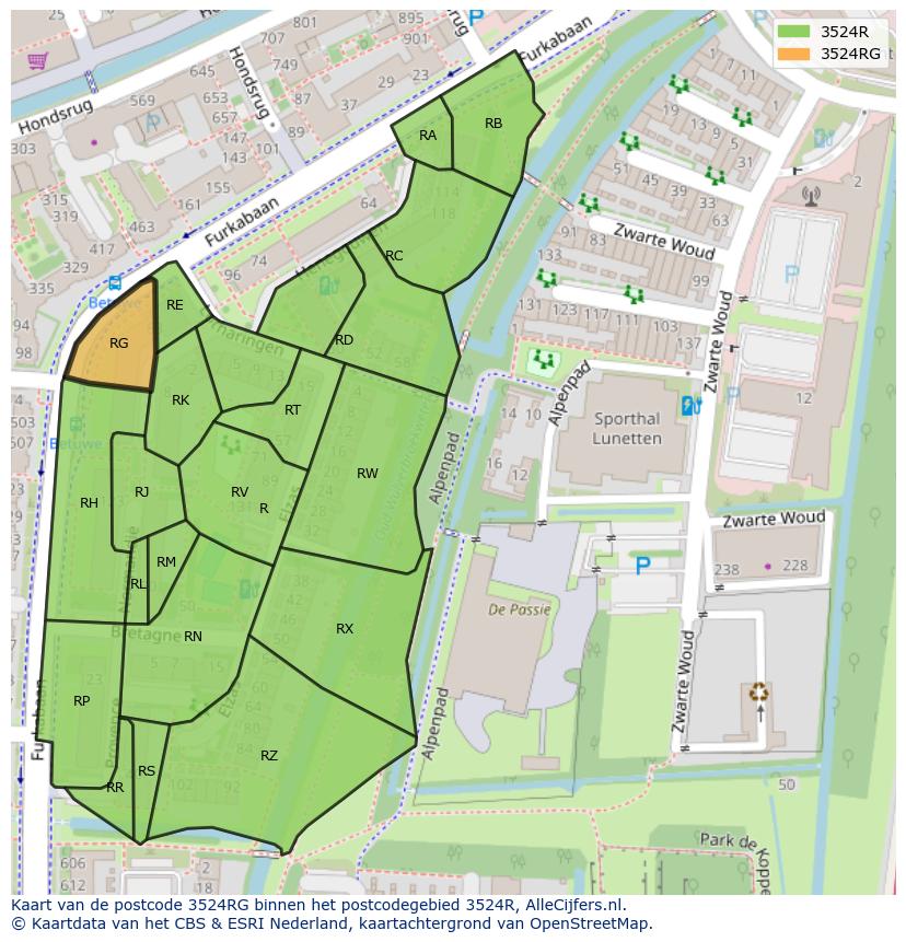 Afbeelding van het postcodegebied 3524 RG op de kaart.