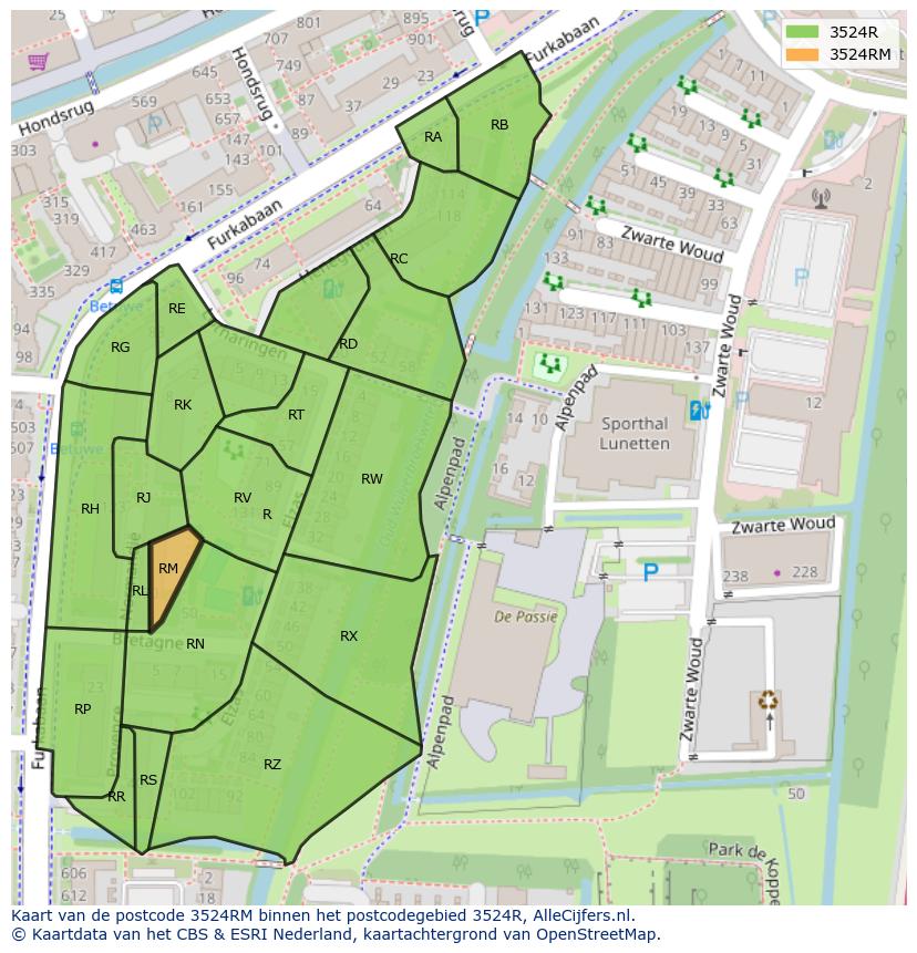 Afbeelding van het postcodegebied 3524 RM op de kaart.