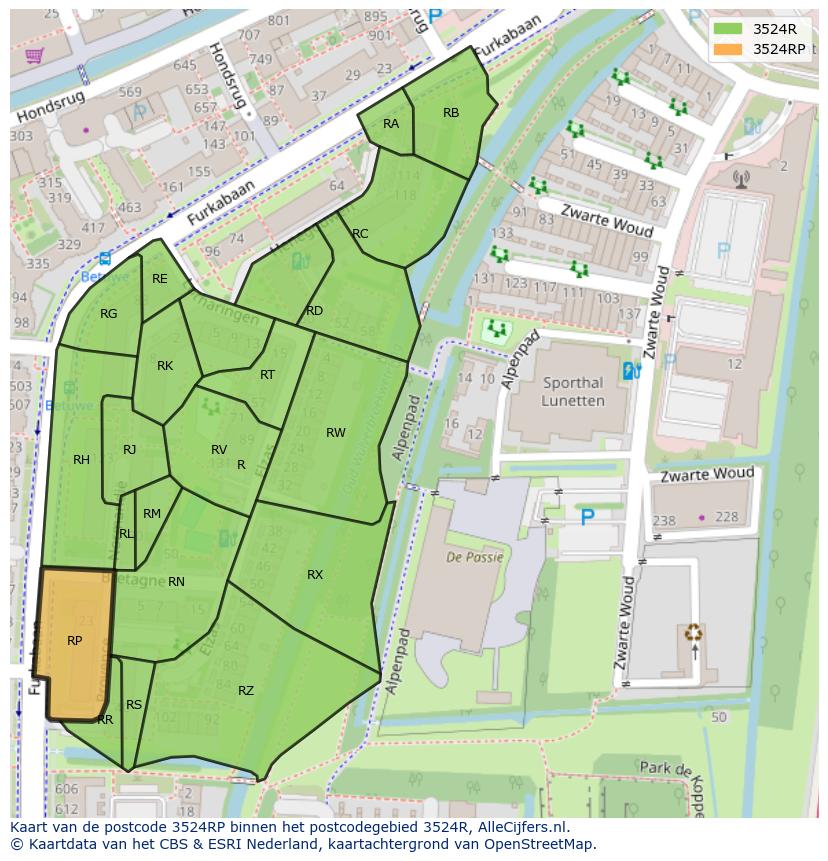 Afbeelding van het postcodegebied 3524 RP op de kaart.