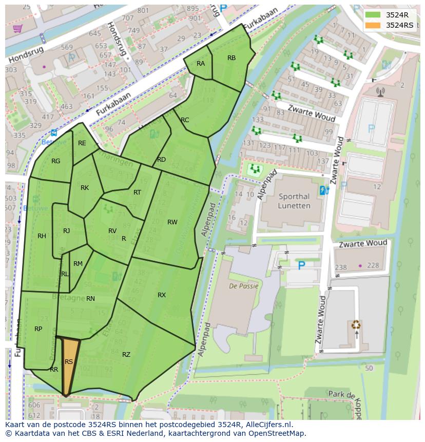 Afbeelding van het postcodegebied 3524 RS op de kaart.