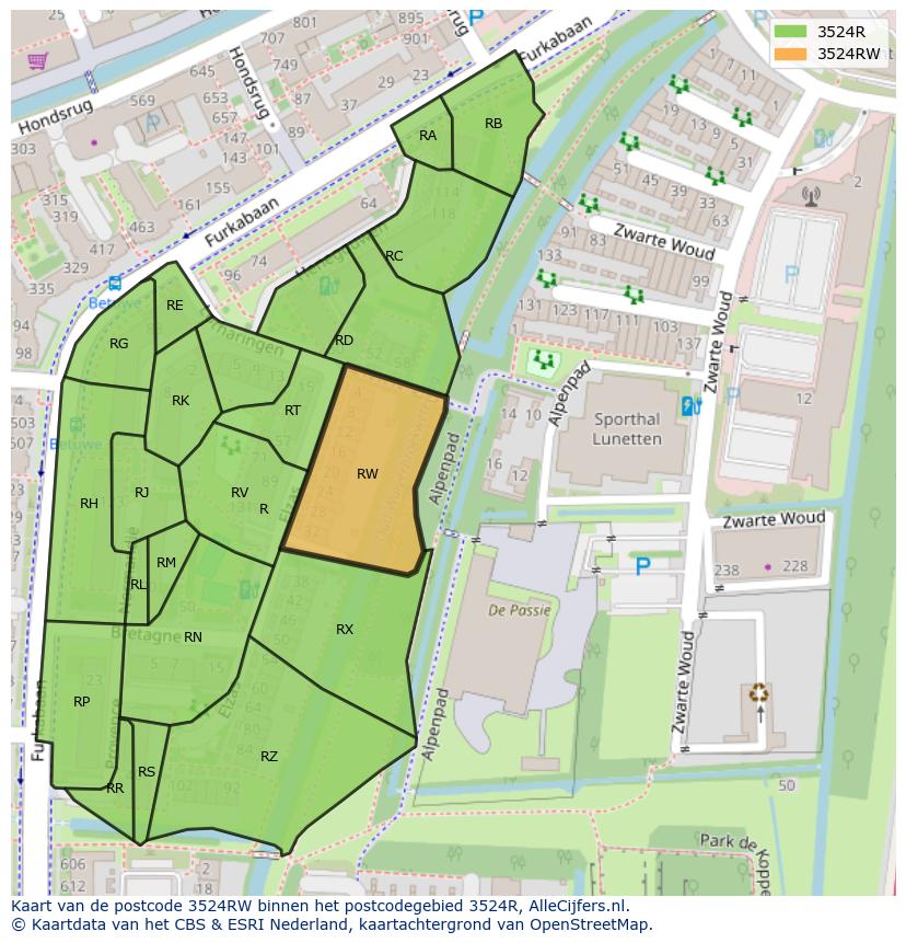 Afbeelding van het postcodegebied 3524 RW op de kaart.