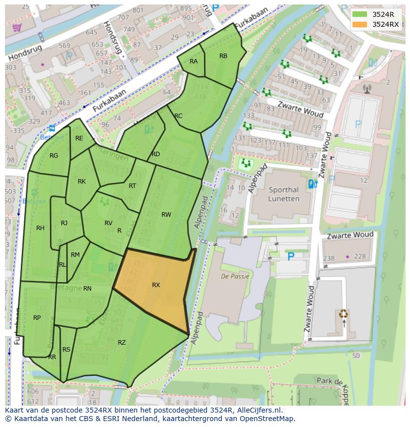 Afbeelding van het postcodegebied 3524 RX op de kaart.