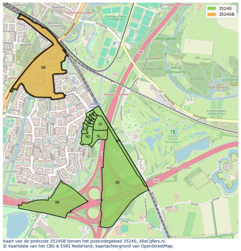 Afbeelding van het postcodegebied 3524 SB op de kaart.