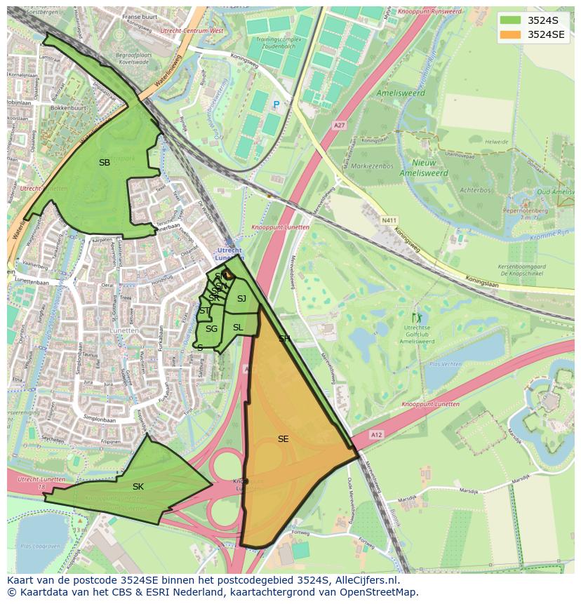 Afbeelding van het postcodegebied 3524 SE op de kaart.