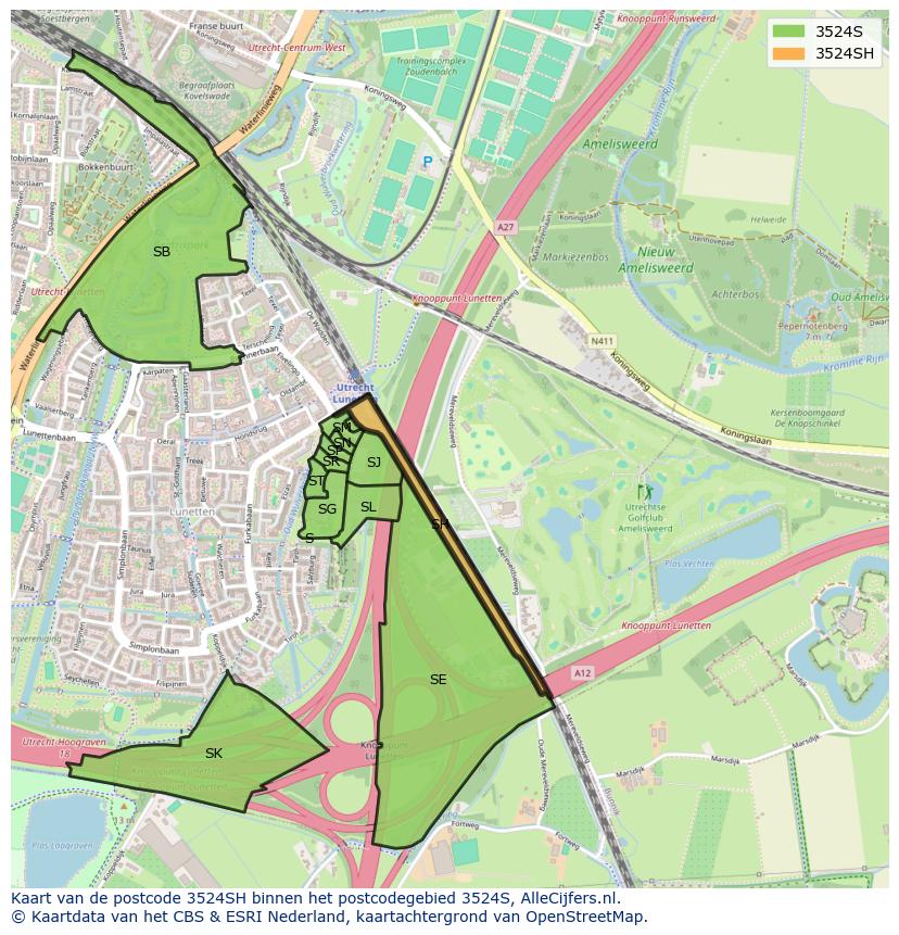 Afbeelding van het postcodegebied 3524 SH op de kaart.