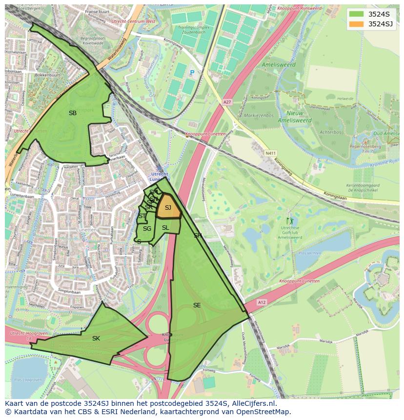 Afbeelding van het postcodegebied 3524 SJ op de kaart.