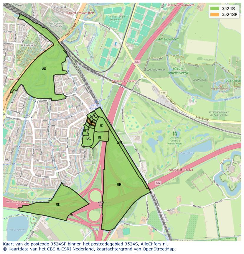 Afbeelding van het postcodegebied 3524 SP op de kaart.