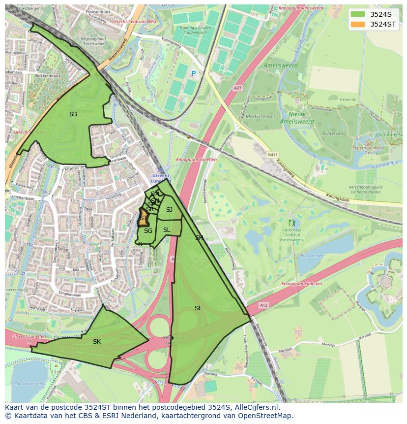 Afbeelding van het postcodegebied 3524 ST op de kaart.