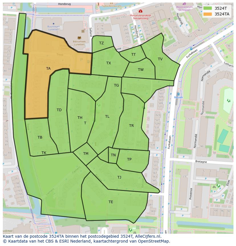Afbeelding van het postcodegebied 3524 TA op de kaart.