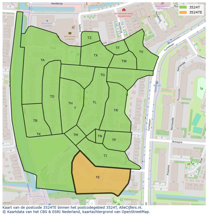 Afbeelding van het postcodegebied 3524 TE op de kaart.