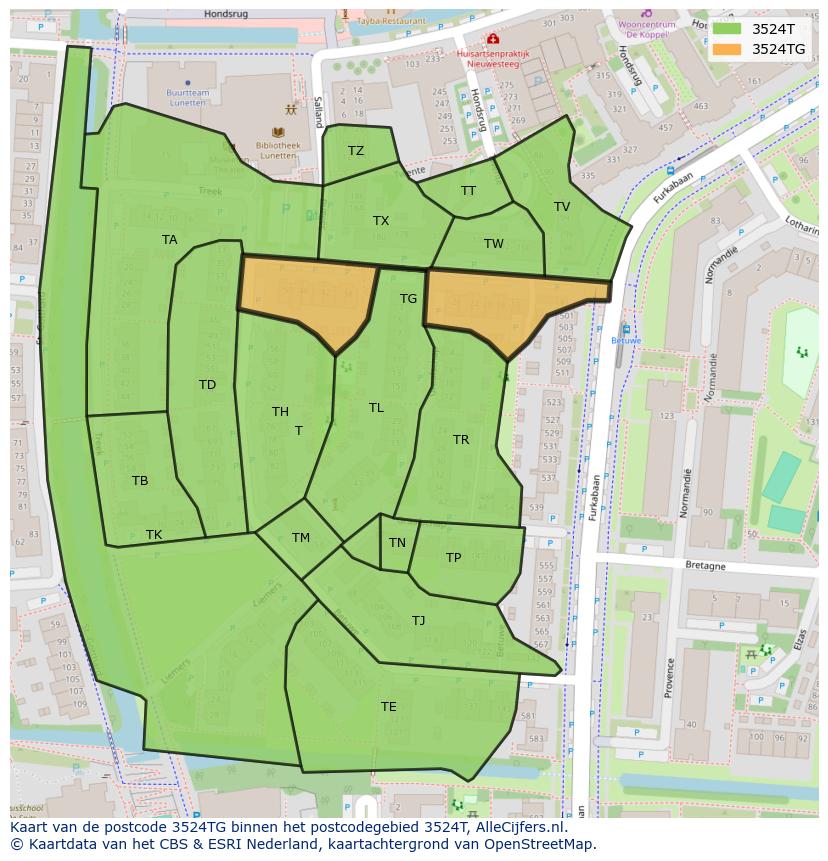 Afbeelding van het postcodegebied 3524 TG op de kaart.
