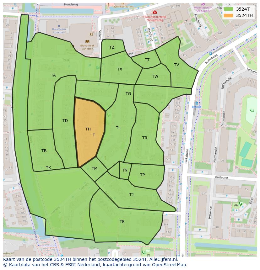 Afbeelding van het postcodegebied 3524 TH op de kaart.