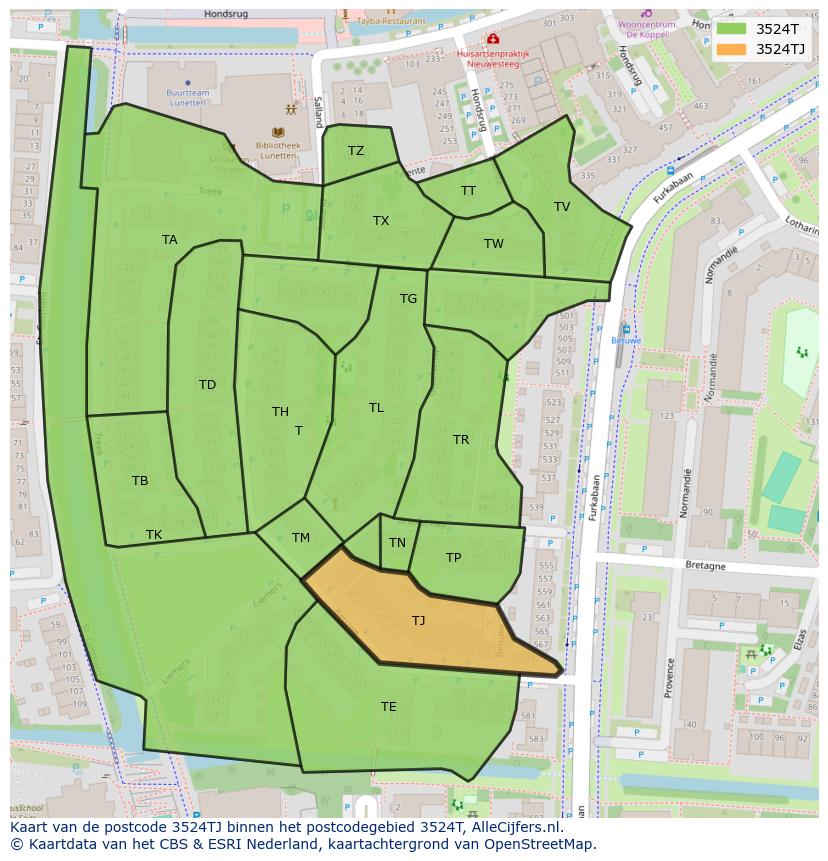 Afbeelding van het postcodegebied 3524 TJ op de kaart.