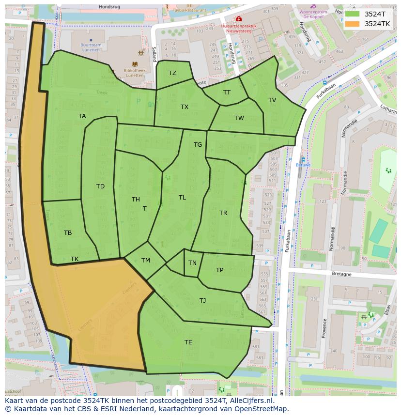 Afbeelding van het postcodegebied 3524 TK op de kaart.