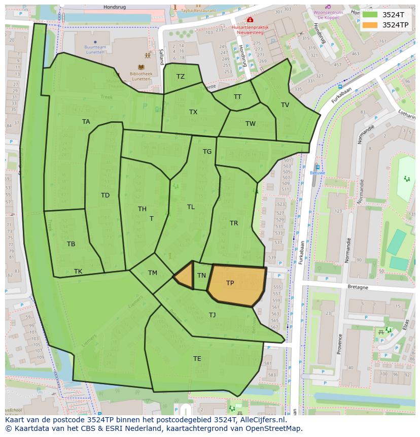 Afbeelding van het postcodegebied 3524 TP op de kaart.