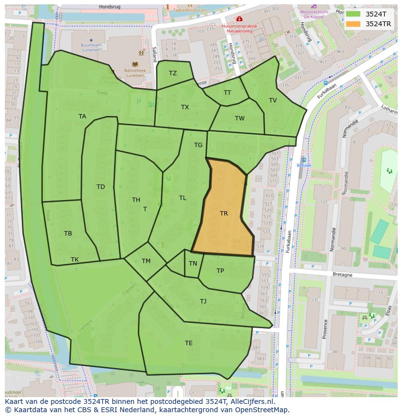 Afbeelding van het postcodegebied 3524 TR op de kaart.