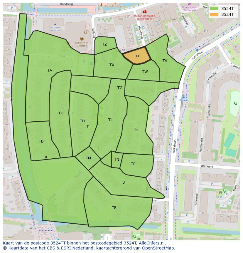 Afbeelding van het postcodegebied 3524 TT op de kaart.