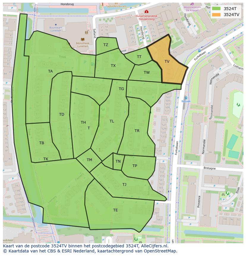 Afbeelding van het postcodegebied 3524 TV op de kaart.