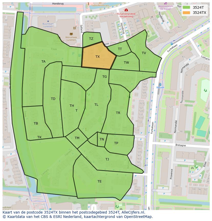 Afbeelding van het postcodegebied 3524 TX op de kaart.