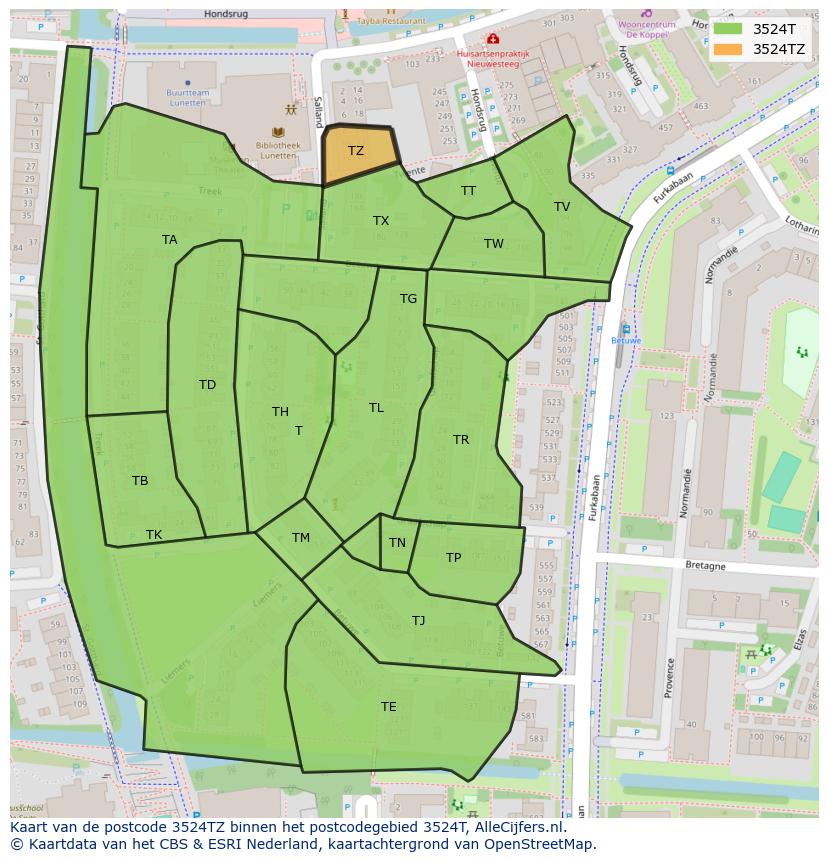 Afbeelding van het postcodegebied 3524 TZ op de kaart.
