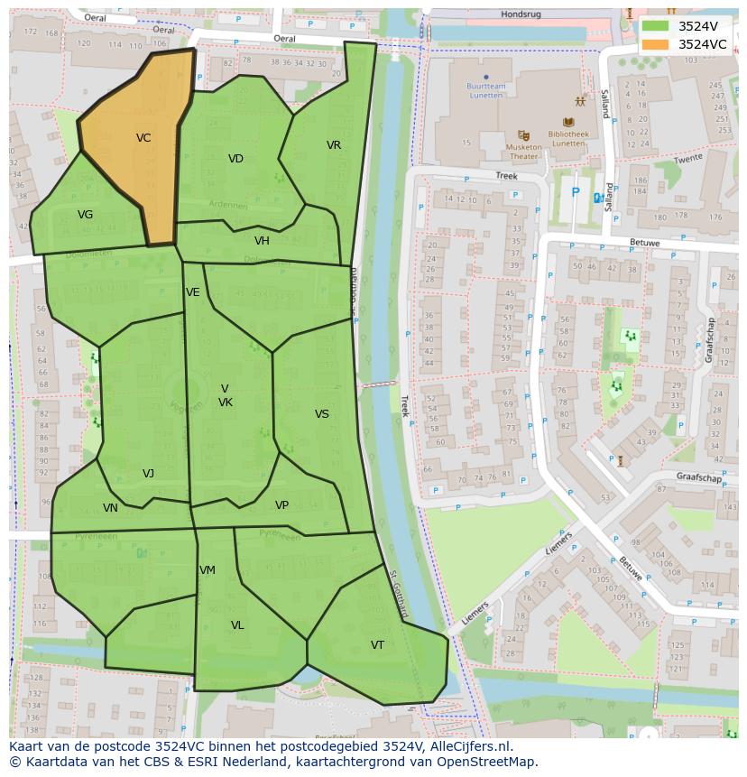 Afbeelding van het postcodegebied 3524 VC op de kaart.