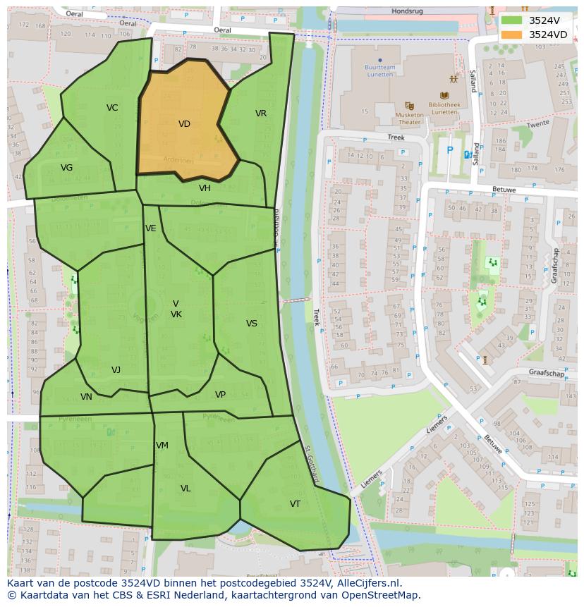 Afbeelding van het postcodegebied 3524 VD op de kaart.