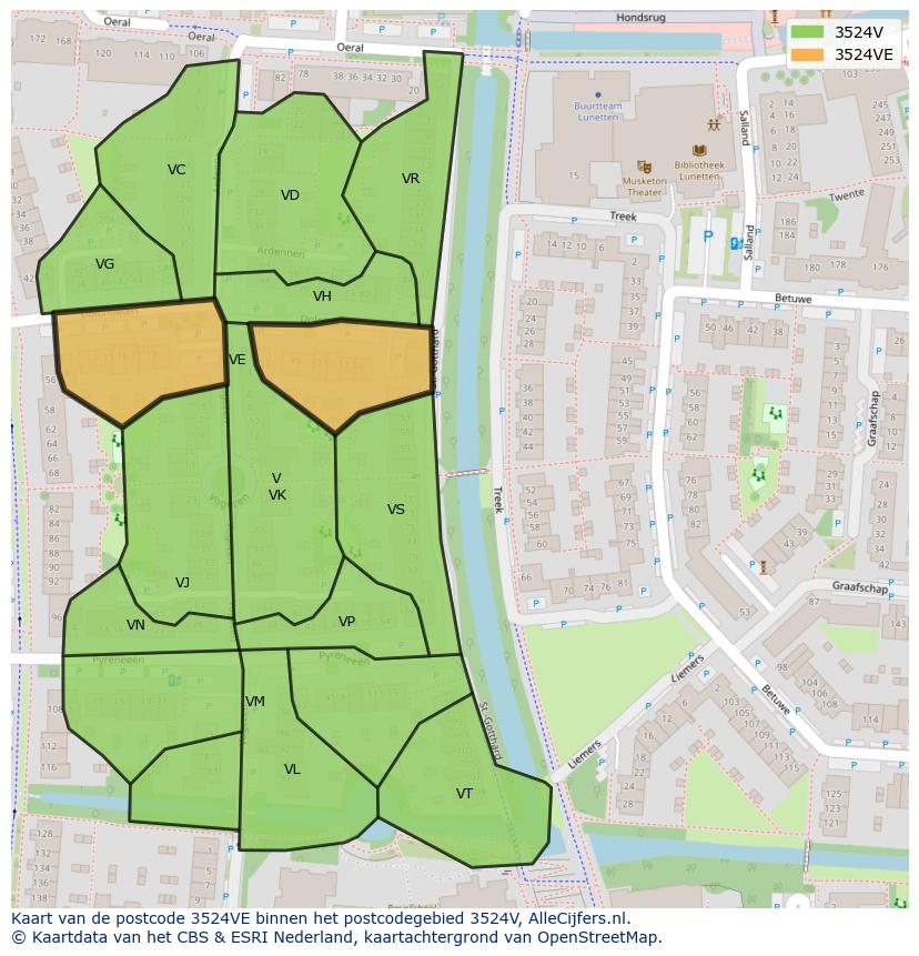 Afbeelding van het postcodegebied 3524 VE op de kaart.