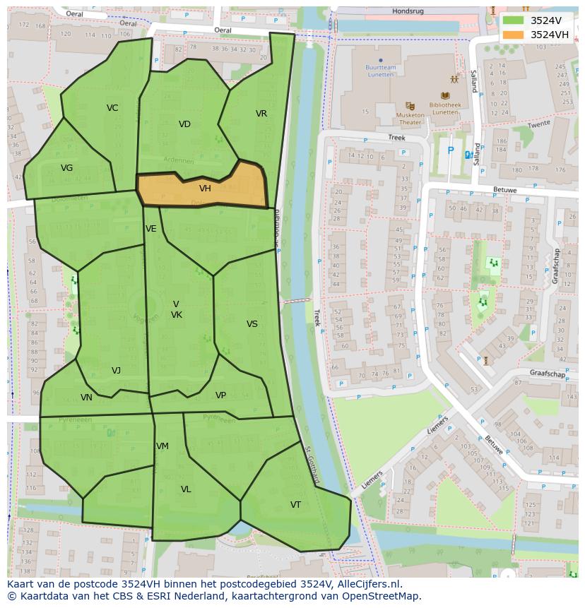 Afbeelding van het postcodegebied 3524 VH op de kaart.