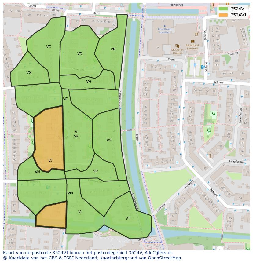 Afbeelding van het postcodegebied 3524 VJ op de kaart.