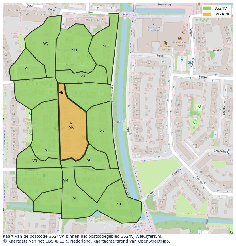 Afbeelding van het postcodegebied 3524 VK op de kaart.